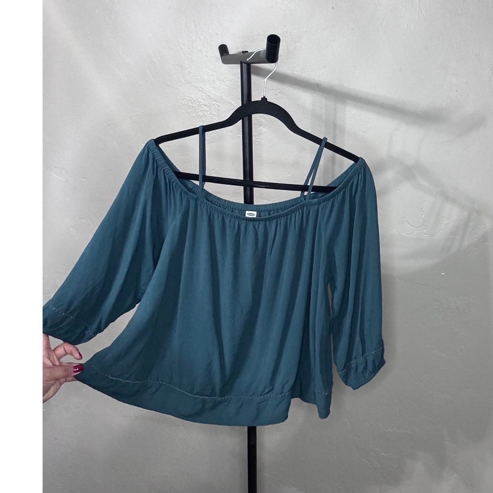 Old Navy Cold Shoulder Blouse Emerald Teal Green Rayon Crochet Trim Top Large